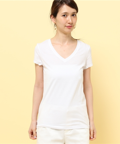 GIORDANO（ジョルダーノ）の「[GIORDANO]Vネック半袖Ｔシャツ（Tシャツ/カットソー・レディース・レッド系その他/オレンジ/ホワイト系その他/オレンジ系その他/イエロー/ピンク/レッド/ネイビー/ダークネイビー/ライトパープル/グレー/ダークグレー/グリーン/ホワイト/ホワイト×ブルー/ブラック・MEDIUM/SMALL/LARGE/X-LARGE）」の18枚目の写真