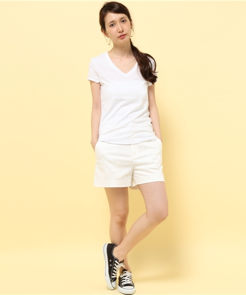 GIORDANO（ジョルダーノ）の「[GIORDANO]Vネック半袖Ｔシャツ（Tシャツ/カットソー・レディース・レッド系その他/オレンジ/ホワイト系その他/オレンジ系その他/イエロー/ピンク/レッド/ネイビー/ダークネイビー/ライトパープル/グレー/ダークグレー/グリーン/ホワイト/ホワイト×ブルー/ブラック・MEDIUM/SMALL/LARGE/X-LARGE）」の21枚目の写真