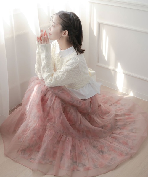 【韓国発】ピンクフラワーボリュームオーガンザスカート フラワー刺繍オーガンジーボリュームフレアスカート