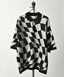 【ADAMPATEK/アダムパテック】skewed check pattern short sleeve knit polo shirtsチェックショートスリーブポロニット