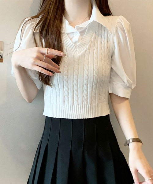 Girly Doll(ガーリードール)の「ケーブルベストドッキングシャツ(シャツ/ブラウス・レディース・ホワイト/ブラック/ピンク/ブルー・FREE)」の2枚目の写真