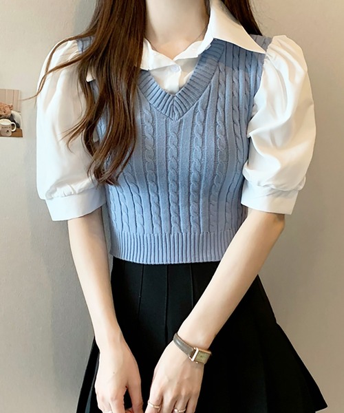 Girly Doll(ガーリードール)の「ケーブルベストドッキングシャツ(シャツ/ブラウス・レディース・ホワイト/ブラック/ピンク/ブルー・FREE)」の4枚目の写真