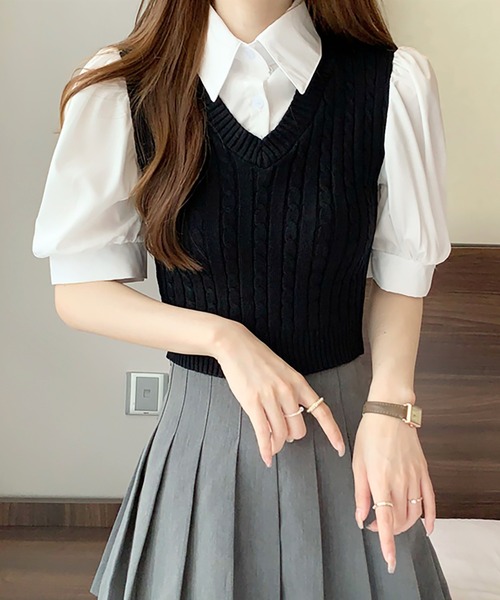 Girly Doll(ガーリードール)の「ケーブルベストドッキングシャツ(シャツ/ブラウス・レディース・ホワイト/ブラック/ピンク/ブルー・FREE)」の3枚目の写真