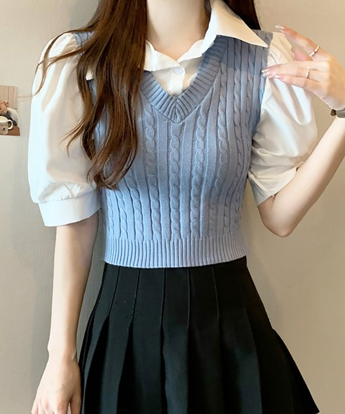 Girly Doll(ガーリードール)の「ケーブルベストドッキングシャツ(シャツ/ブラウス・レディース・ホワイト/ブラック/ピンク/ブルー・FREE)」の14枚目の写真