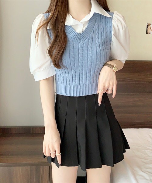 Girly Doll(ガーリードール)の「ケーブルベストドッキングシャツ(シャツ/ブラウス・レディース・ホワイト/ブラック/ピンク/ブルー・FREE)」の17枚目の写真
