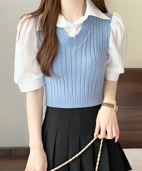 Girly Doll(ガーリードール)の「ケーブルベストドッキングシャツ(シャツ/ブラウス・レディース・ホワイト/ブラック/ピンク/ブルー・FREE)」の9枚目の写真
