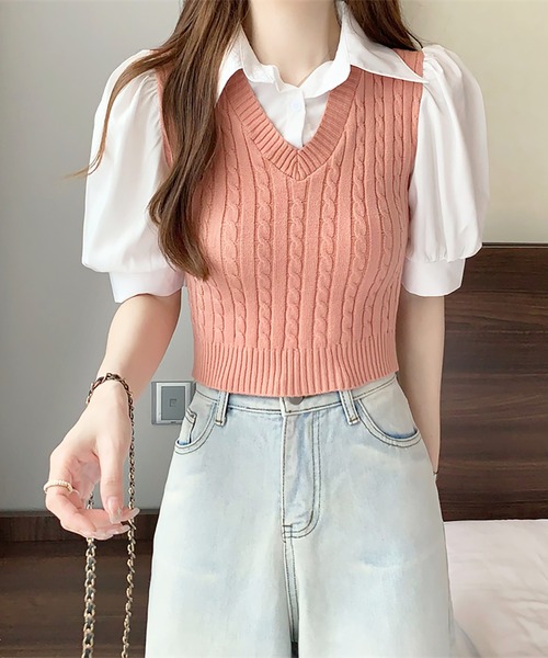 Girly Doll(ガーリードール)の「ケーブルベストドッキングシャツ(シャツ/ブラウス・レディース・ホワイト/ブラック/ピンク/ブルー・FREE)」の5枚目の写真