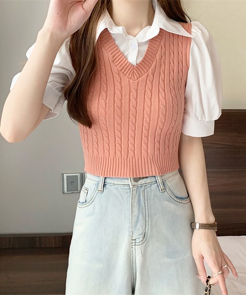 Girly Doll(ガーリードール)の「ケーブルベストドッキングシャツ(シャツ/ブラウス・レディース・ホワイト/ブラック/ピンク/ブルー・FREE)」の12枚目の写真