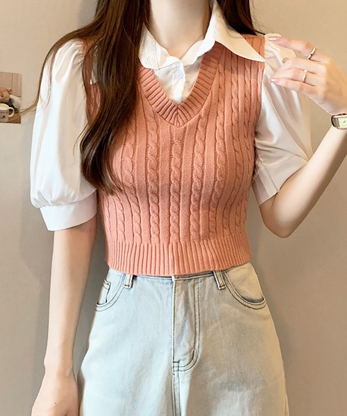 Girly Doll(ガーリードール)の「ケーブルベストドッキングシャツ(シャツ/ブラウス・レディース・ホワイト/ブラック/ピンク/ブルー・FREE)」の7枚目の写真