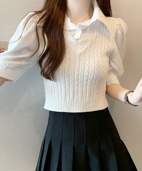 Girly Doll(ガーリードール)の「ケーブルベストドッキングシャツ(シャツ/ブラウス・レディース・ホワイト/ブラック/ピンク/ブルー・FREE)」の10枚目の写真