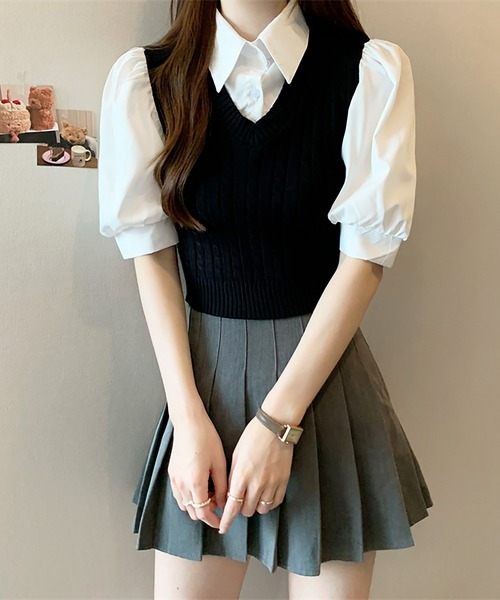 Girly Doll(ガーリードール)の「ケーブルベストドッキングシャツ(シャツ/ブラウス・レディース・ホワイト/ブラック/ピンク/ブルー・FREE)」の8枚目の写真