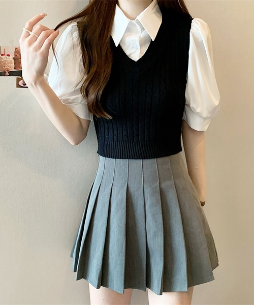 Girly Doll(ガーリードール)の「ケーブルベストドッキングシャツ(シャツ/ブラウス・レディース・ホワイト/ブラック/ピンク/ブルー・FREE)」の6枚目の写真