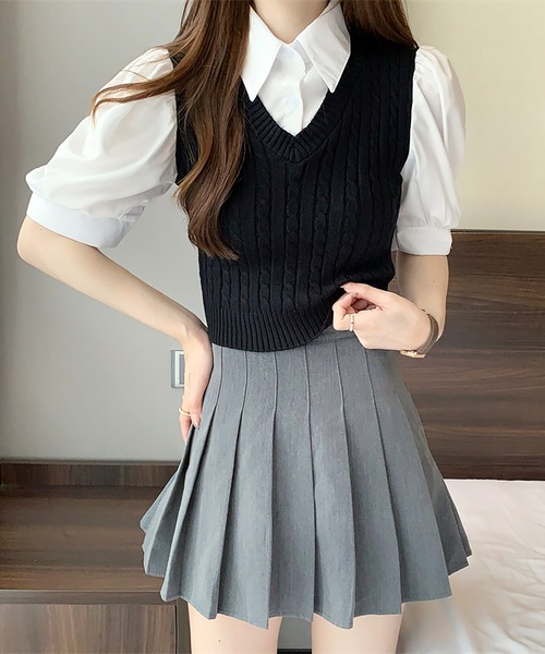 Girly Doll(ガーリードール)の「ケーブルベストドッキングシャツ(シャツ/ブラウス・レディース・ホワイト/ブラック/ピンク/ブルー・FREE)」の13枚目の写真