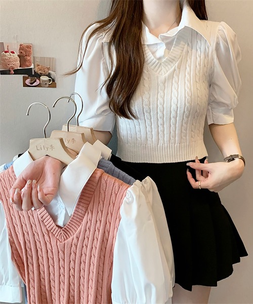 Girly Doll(ガーリードール)の「ケーブルベストドッキングシャツ(シャツ/ブラウス・レディース・ホワイト/ブラック/ピンク/ブルー・FREE)」の11枚目の写真