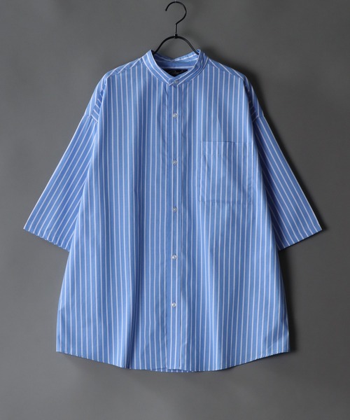 SITRY(シトリー)の「Oversize Drop shoulder Band Collar broadcloth shirt/オーバーサイズ ドロップショルダー バンドカラー ブロード 半袖シャツ(シャツ/ブラウス・メンズ・ブラック/ホワイト×ブルー/ホワイト/ブルーグレー/ブルー系その他/ホワイト×ブラック・M/L)」の6枚目の写真