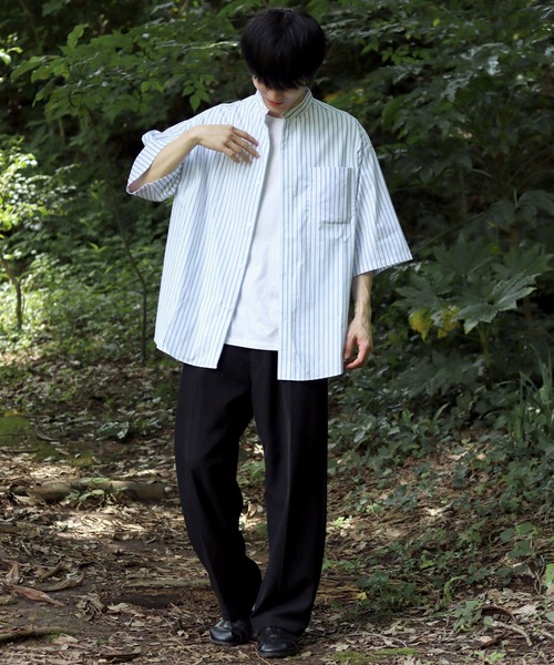 SITRY(シトリー)の「Oversize Drop shoulder Band Collar broadcloth shirt/オーバーサイズ ドロップショルダー バンドカラー ブロード 半袖シャツ(シャツ/ブラウス・メンズ・ブラック/ホワイト×ブルー/ホワイト/ブルーグレー/ブルー系その他/ホワイト×ブラック・M/L)」の22枚目の写真