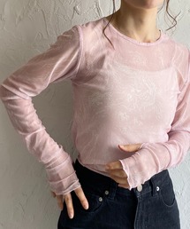 指穴付きフィンガーホールマーブルニュアンス柄長袖メッシュシアートップス