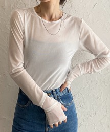 指穴付きフィンガーホールマーブルニュアンス柄長袖メッシュシアートップス