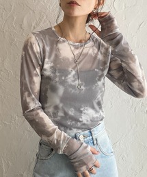 指穴付きフィンガーホールマーブルニュアンス柄長袖メッシュシアートップス
