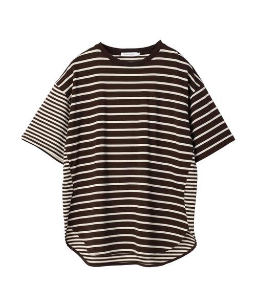 AMERICAN HOLIC(アメリカンホリック)の「5分袖ボーダーカットチュニック(チュニック・レディース・パープル/ネイビー/ブラウン/ブラック・M/L)」の1枚目の写真