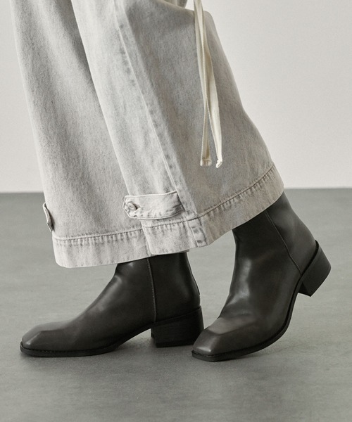 【セール】ハイソールスクエアトゥバックジップヒールブーツ（ブーツ）｜EMMA CLOTHES（エマクローズ）