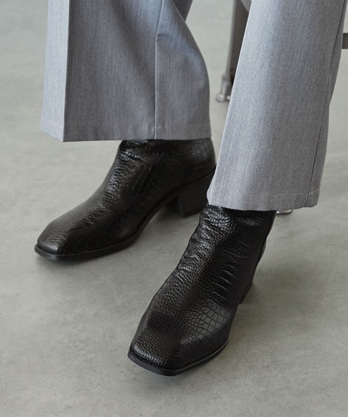 【セール】ハイソールスクエアトゥバックジップヒールブーツ（ブーツ）｜EMMA CLOTHES（エマクローズ）