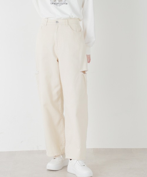 Honeys(ハニーズ)の「ダメージカットアウトストレートデニムパンツ(デニムパンツ・レディース・アイボリー/ブルー系その他/ライトインディゴブルー/インディゴブルー/ブラック・SS/S/M/L/LL)」の2枚目の写真