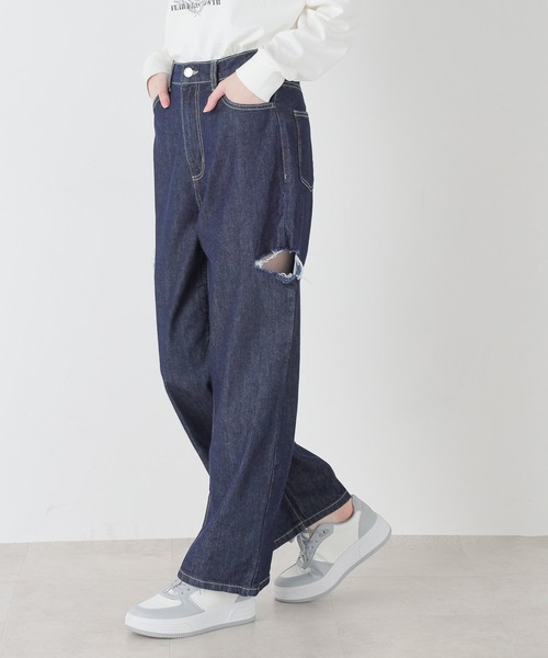 Honeys(ハニーズ)の「ダメージカットアウトストレートデニムパンツ(デニムパンツ・レディース・アイボリー/ブルー系その他/ライトインディゴブルー/インディゴブルー/ブラック・SS/S/M/L/LL)」の14枚目の写真