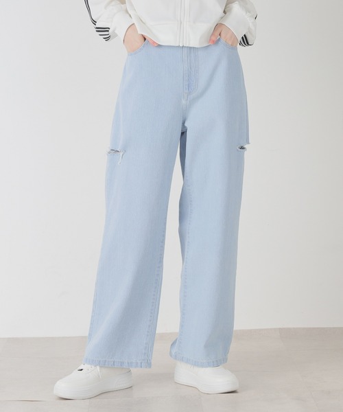 Honeys(ハニーズ)の「ダメージカットアウトストレートデニムパンツ(デニムパンツ・レディース・アイボリー/ブルー系その他/ライトインディゴブルー/インディゴブルー/ブラック・SS/S/M/L/LL)」の22枚目の写真