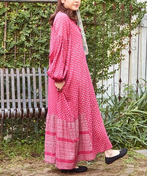 チャイハネ（チャイハネ）の「【チャイハネ】エスニックプリントワンピース（ワンピース・レディース・オレンジ/ピンク/ベージュ/ブラック/グリーン・FREE）」の9枚目の写真