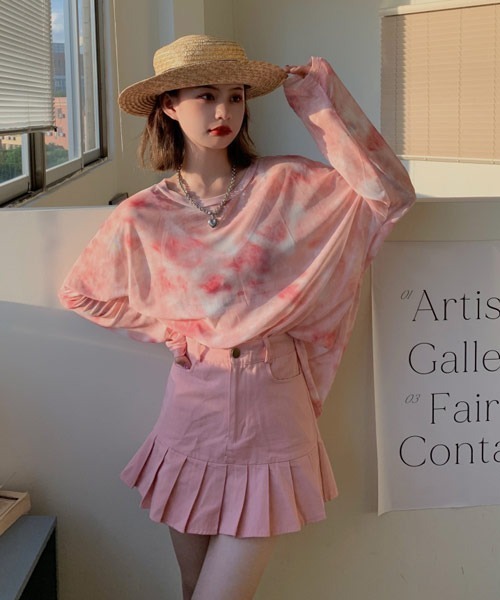 Mayree(メイリー)の「【Mayree】タイダイ柄シアーシースルートップス(Tシャツ/カットソー・レディース・ピンク/ブルー/グレー/グリーン・FREE)」の4枚目の写真