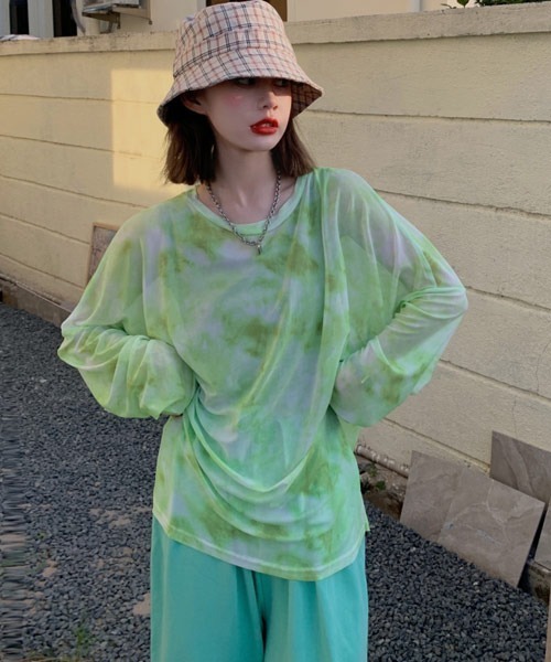 Mayree(メイリー)の「【Mayree】タイダイ柄シアーシースルートップス(Tシャツ/カットソー・レディース・ピンク/ブルー/グレー/グリーン・FREE)」の2枚目の写真