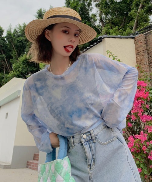 Mayree(メイリー)の「【Mayree】タイダイ柄シアーシースルートップス(Tシャツ/カットソー・レディース・ピンク/ブルー/グレー/グリーン・FREE)」の12枚目の写真