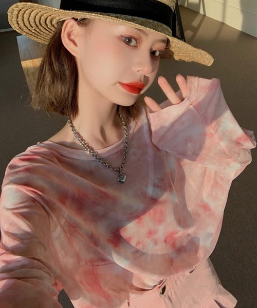 Mayree(メイリー)の「【Mayree】タイダイ柄シアーシースルートップス(Tシャツ/カットソー・レディース・ピンク/ブルー/グレー/グリーン・FREE)」の6枚目の写真