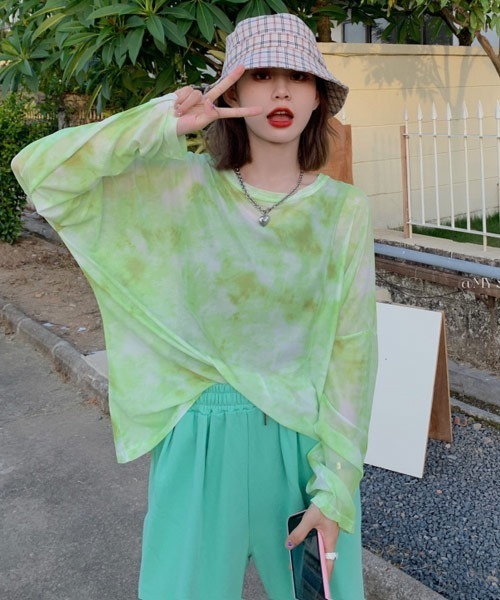 Mayree(メイリー)の「【Mayree】タイダイ柄シアーシースルートップス(Tシャツ/カットソー・レディース・ピンク/ブルー/グレー/グリーン・FREE)」の19枚目の写真