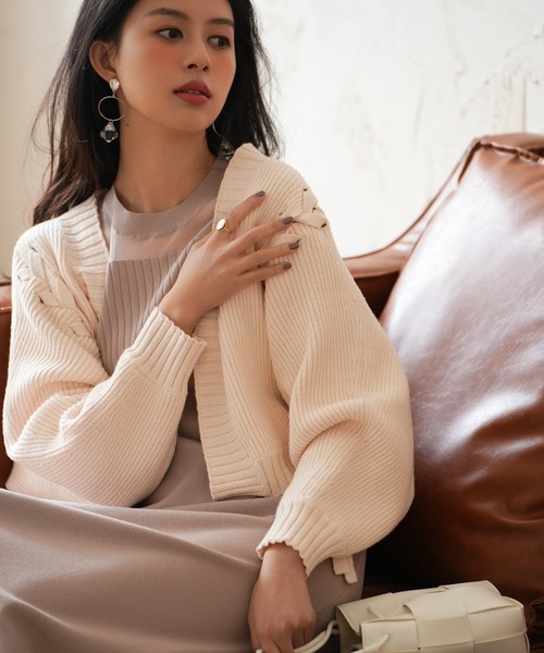 セール】【編み込みリボン】ドルマンスリーブニットカーディガン