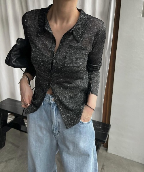 WILLFULLY(ウィルフリー)の「sheer lame deep slit shirt knit(ニット/セーター・レディース・ブラック/タン/ライトブルーグレー・FREE)」の4枚目の写真
