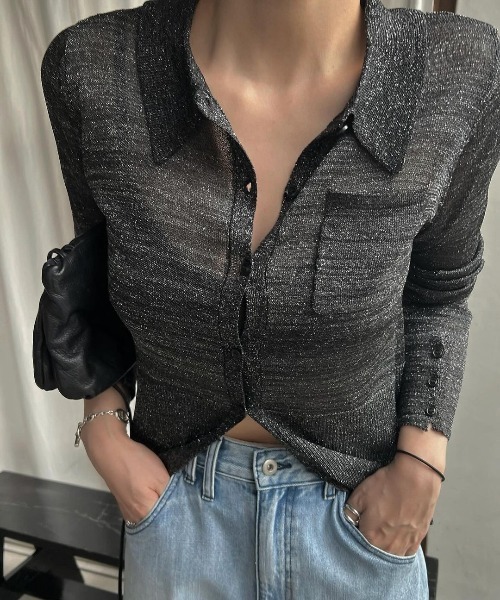WILLFULLY(ウィルフリー)の「sheer lame deep slit shirt knit(ニット/セーター・レディース・ブラック/タン/ライトブルーグレー・FREE)」の6枚目の写真