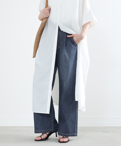 n'OrLABEL（ノアールレーベル）の「【機能素材】『【接触冷感・UVカット・遮熱効果・抗菌防臭】ひんやりワイドストレートデニムパンツ』（デニムパンツ・レディース・ネイビー/ブルー/インディゴブルー・1/2）」の2枚目の写真