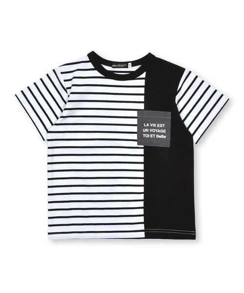 【セール】無地×ボーダー切り替えダンガリーポケット半袖Tシャツ(80~160cm)（Tシャツ/カットソー）｜BeBe（ベベ）