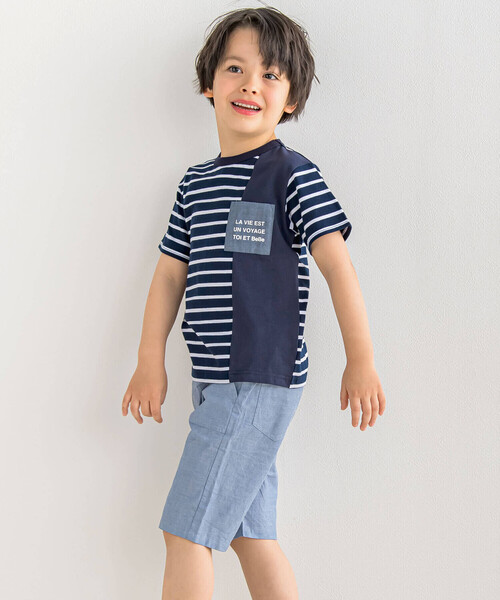 BeBe（ベベ）の「無地×ボーダー切り替えダンガリーポケット半袖Tシャツ(80~160cm)（Tシャツ/カットソー・キッズ・ブルー系その他2/ブラック系その他・140cm/130cm/150cm/100cm/110cm/120cm/90cm/80ｃｍ）」の4枚目の写真