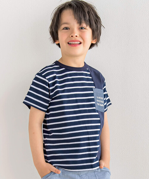 BeBe（ベベ）の「無地×ボーダー切り替えダンガリーポケット半袖Tシャツ(80~160cm)（Tシャツ/カットソー・キッズ・ブルー系その他2/ブラック系その他・140cm/130cm/150cm/100cm/110cm/120cm/90cm/80ｃｍ）」の5枚目の写真