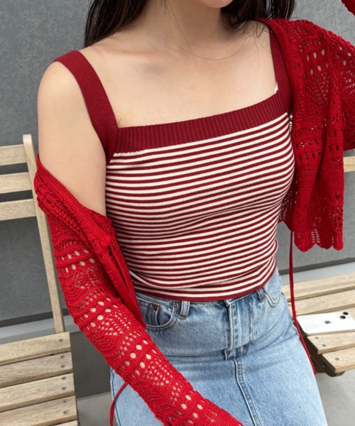 Birthday room(バースデイルーム)の「ボーダーショート丈タンクトップ(タンクトップ・レディース・レッド/ブルー/グリーン/アイボリー・FREE)」の1枚目の写真