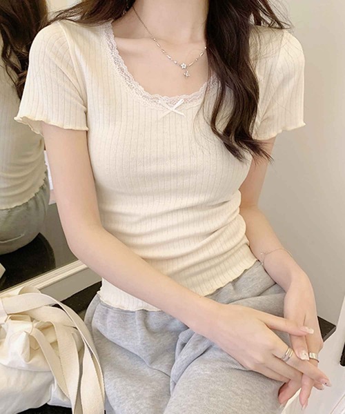 frunco(フランコ)の「【ZOZO限定】レース付きリブトップス(Tシャツ/カットソー・レディース・グリーン/ホワイト/ベージュ・MEDIUM)」の3枚目の写真