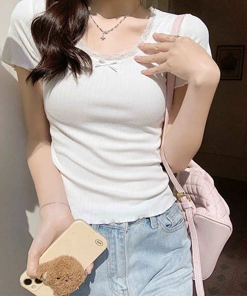 frunco(フランコ)の「【ZOZO限定】レース付きリブトップス(Tシャツ/カットソー・レディース・グリーン/ホワイト/ベージュ・MEDIUM)」の6枚目の写真