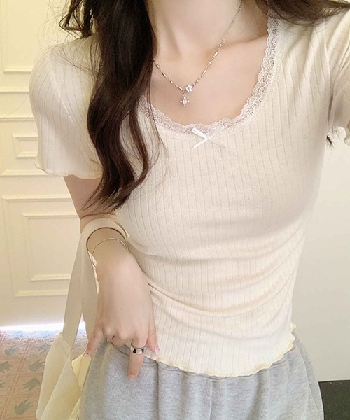 frunco(フランコ)の「【ZOZO限定】レース付きリブトップス(Tシャツ/カットソー・レディース・グリーン/ホワイト/ベージュ・MEDIUM)」の12枚目の写真