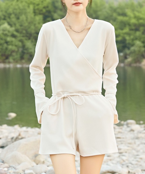 セール】ソリッドカラー Vネック カシュクール風 オールインワン