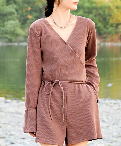 セール】ソリッドカラー Vネック カシュクール風 オールインワン