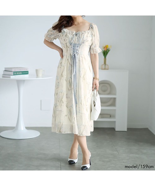 ワンピース プリント エレガント シフォン レースアップ S/M/L e2553f4c0705ae044d9265bac08764
