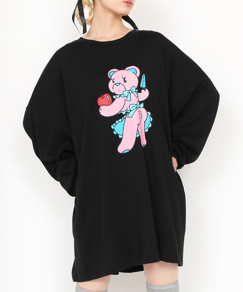 PUNYUS（プニュズ）の「ベアプリントビッグロンＴ（Tシャツ/カットソー・レディース・ブラック/ホワイト・3/4）」の2枚目の写真